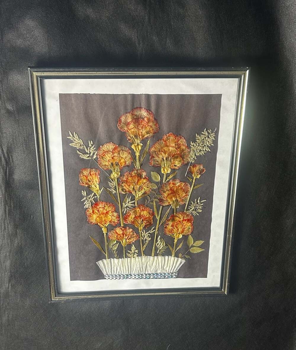 Vintage Framed Pressed Flowers- air dries, Carnation Bouquet 12X15 Wall Décor